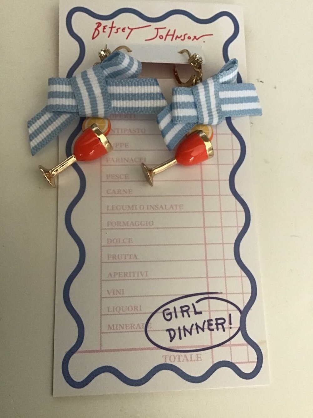 Betsey Johnson New Orange Drink and Blue Bow Earrings